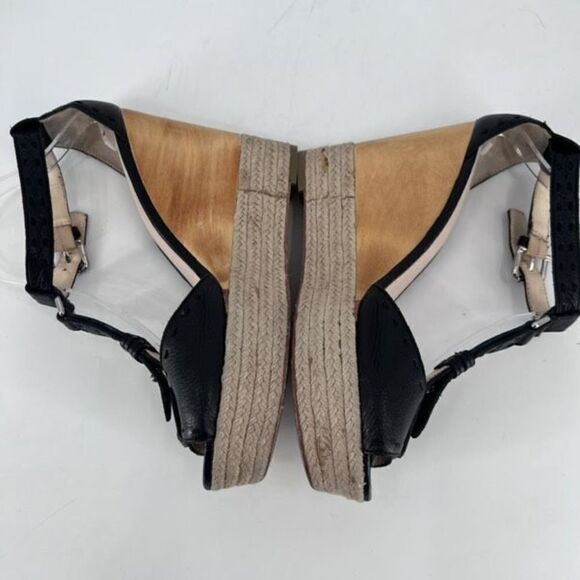 Coach Gala Black Leather Wedges Espadrille Wood Size 10 Peep toe T Strap Sandals - Picture 3 of 12